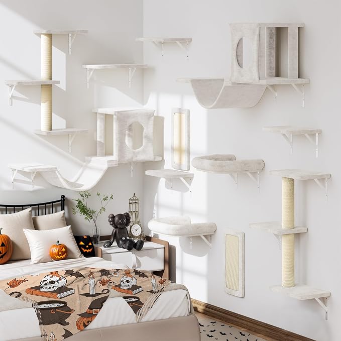 12-in-1 Cat Wall Shelves, Luxury Wall-Mounted Cat Climber Set | with Condos House, Scratching Post, Bridge Ladder, Indoor Space-Saving Furniture for Kittens, Beige