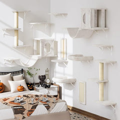 12-in-1 Cat Wall Shelves, Luxury Wall-Mounted Cat Climber Set | with Condos House, Scratching Post, Bridge Ladder, Indoor Space-Saving Furniture for Kittens, Beige