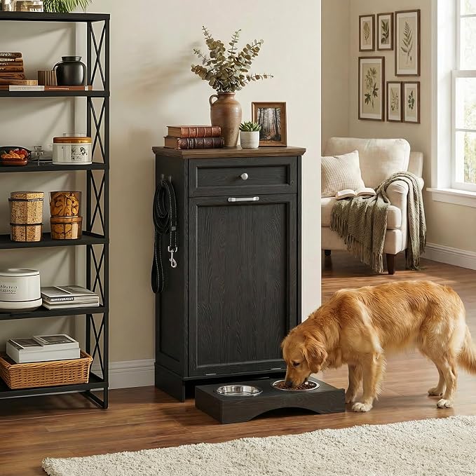 21''W Dog Feeding Station with Storage, Tilt Out Dog Food Cabinet with Drawer, 2 Feeding Bowls, Pet Food Storage, Cat Feeding Station, Dogs Storage Organizer, (Black, Single Door)