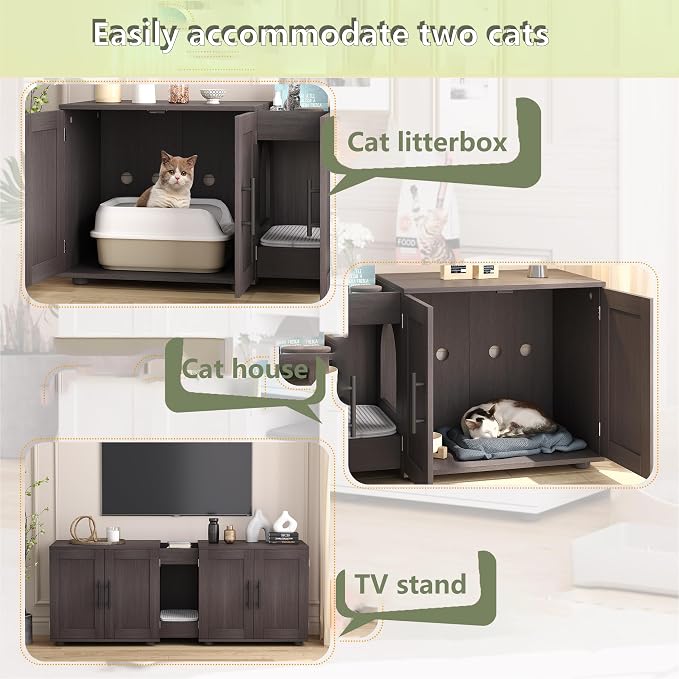 3-in-1 Cat Litter Box Enclosure for 2 Cats, 55 Inch Large Hiddden Litter Box Enclosure Furniture with Double Rooms, Farmhouse Wooden Cat Washroom for Bedroom Living Room, White