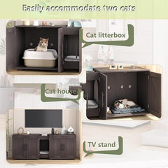 3-in-1 Cat Litter Box Enclosure for 2 Cats, 55 Inch Large Hiddden Litter Box Enclosure Furniture with Double Rooms, Farmhouse Wooden Cat Washroom for Bedroom Living Room, White