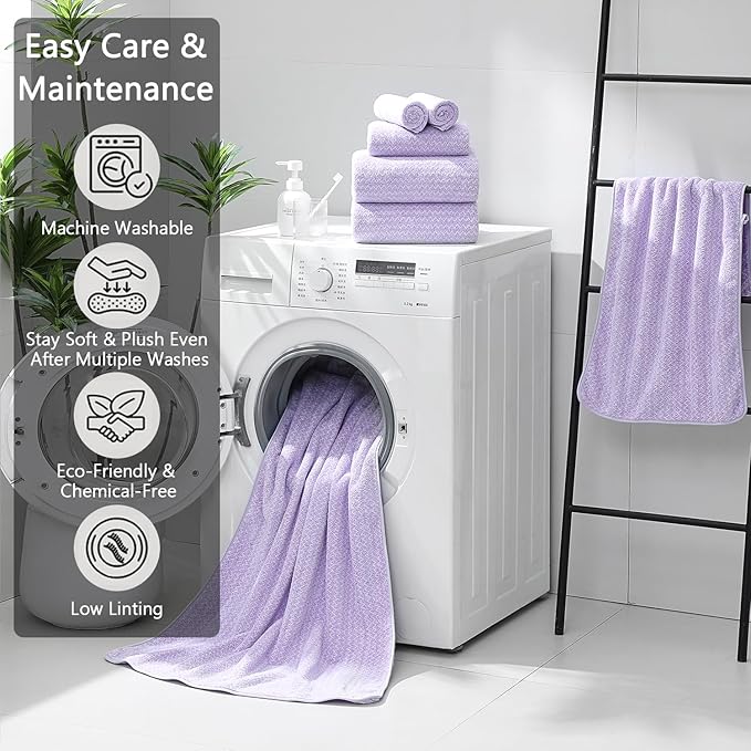 18 Piece Bath Towels Set,100% Microfiber Family Bathroom Towel with Hanging Loops-6 Bath Towels,6 Hand Towels,6 Washcloths,Quick Dry Highly Absorbent Shower Towel for Bathroom,Hotel,Spa-Light Purple