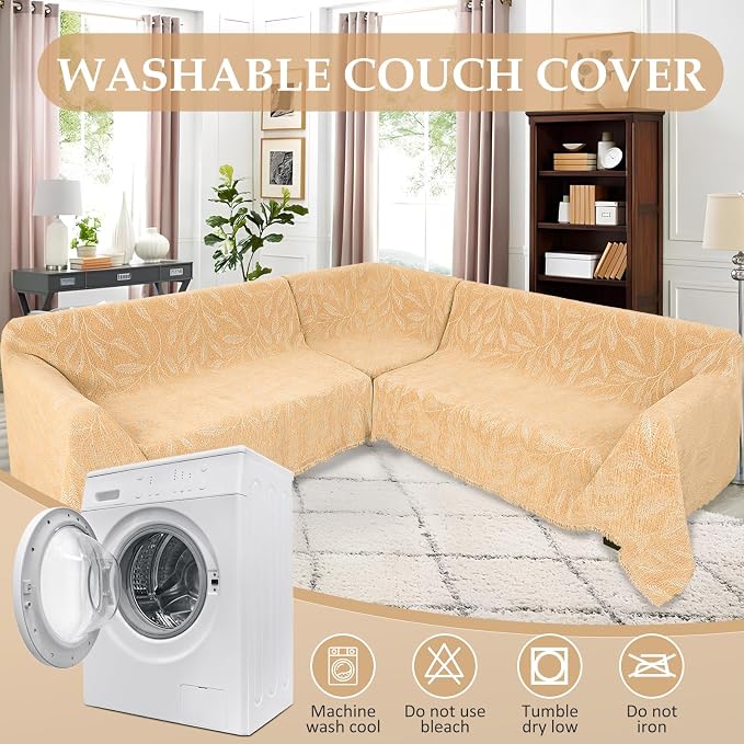 1OO% Waterproof Sectional Couch Covers for Dogs L Shaped Corner Sofa Cover Washable Chenille Sofa Slipcovers Blanket Modern Jacquard Pet Furniture Protector (91"x252", Light Tan)