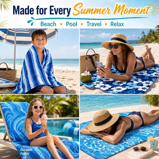 12 Pack Microfiber Beach Towel Set, 32x71 Oversized Extra Large Swim Pool Towel, Soft Fiber Beach Towels Set for Summer Travel, Spa, Swim Pool Accessories, Vacation Essential Gift (Blue and Floral Pac