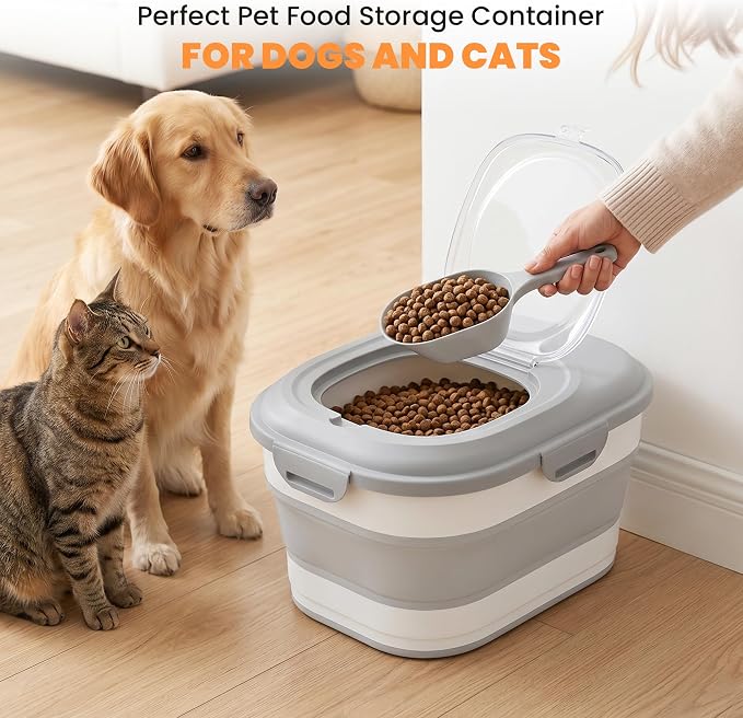 28 Lbs Dog Food Storage Container, Collapsible Cat Food Container | Airtight Pet Food Storage Containers with Wheels, Clear Window, Measuring Cup and Scoop, BPA Free for Rice, Flour, Bird Seed