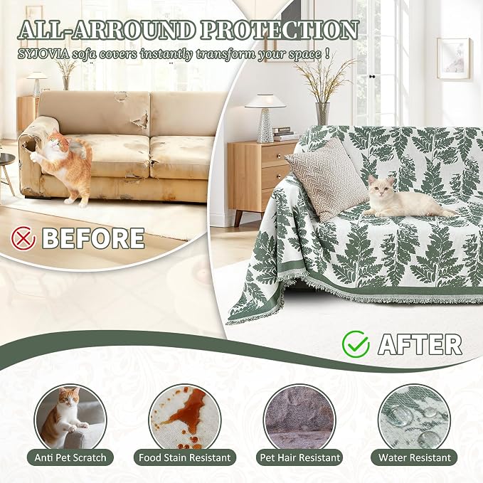 1OO% Waterproof Sectional Couch Covers for Dogs L Shaped Corner Sofa Cover Washable Chenille Sofa Slipcovers Blanket Modern Jacquard Pet Furniture Protector (91"x252", Sage Green)