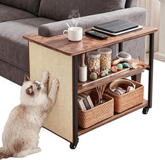 2-in-1 Cat Scratch Couch Side Table with Wheels,Couch Protector from Cat Claws,Sofa Narrow End Table with Natural Sisal Cat Scratch Panel for Living Room (Rustic Brown, Left)