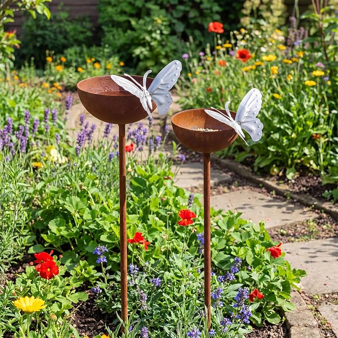 2 Pack Rusty Rain Catcher Garden Stake - Adjustable Metal Bird Feeder and Bath Bowl, Butterfly Style Vintage Outdoor Decor for Lawn Yard, Attracts Birds and Beneficial Insects