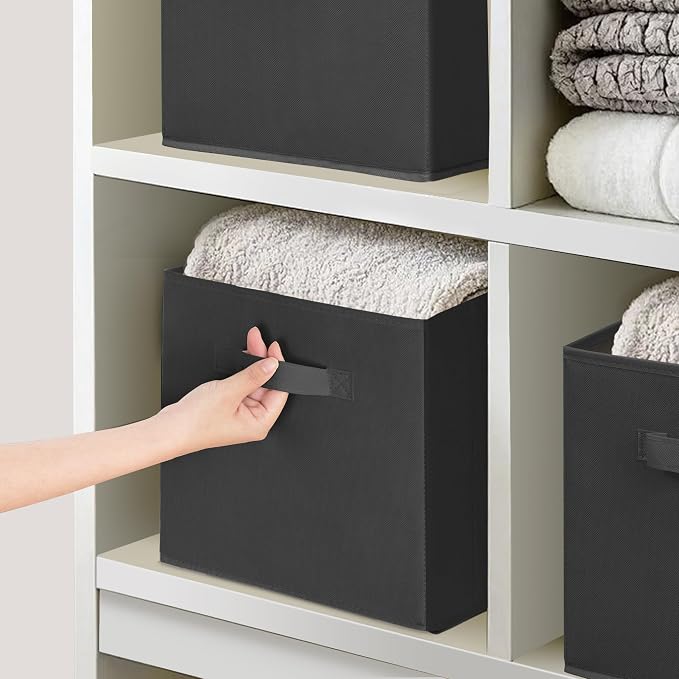 11 Inch Fabric Storage Cubes, Sturdy Foldable Storage Bins, Heavy Duty Cube Organizer for Clothes, Blankets, Shelves, Closets, Bedroom, Living Room, Black, 12 Pack