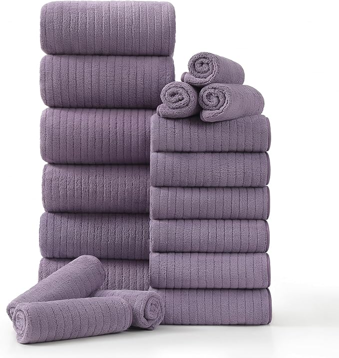 18 Piece Family Bath Towel Set Include 6 Bath Towels,6 Hand Towels and 6 Washcloths Soft Bathroom Towel with Hanging Loops,Highly Absorbent Quick Dry Towels Set for Bathroom,Hotel and Spa-Dark Purple