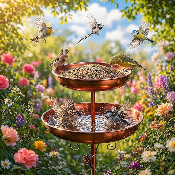 2-in-1 Tall Bird Bath and Feeder for Outdoors, 47" Adjustable Metal Standing Birdfeeder with 5-Prong Base, Antique Copper Finish Rustproof Water Bowl & Seed Tray Station for Garden Yard Patio Decor