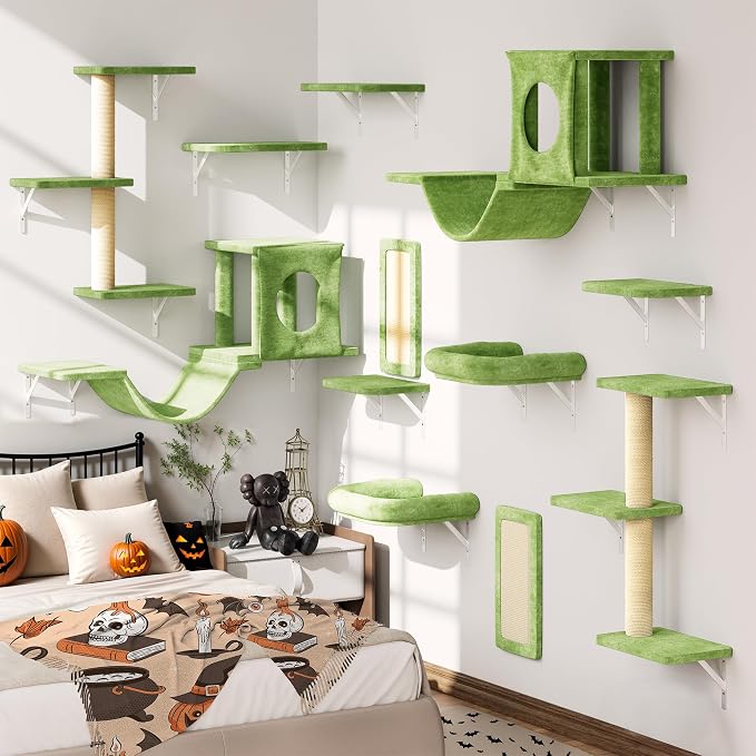 12-in-1 Cat Wall Shelves, Luxury Wall-Mounted Cat Climber Set | with Condos House, Scratching Post, Bridge Ladder, Indoor Space-Saving Furniture for Kittens, Green