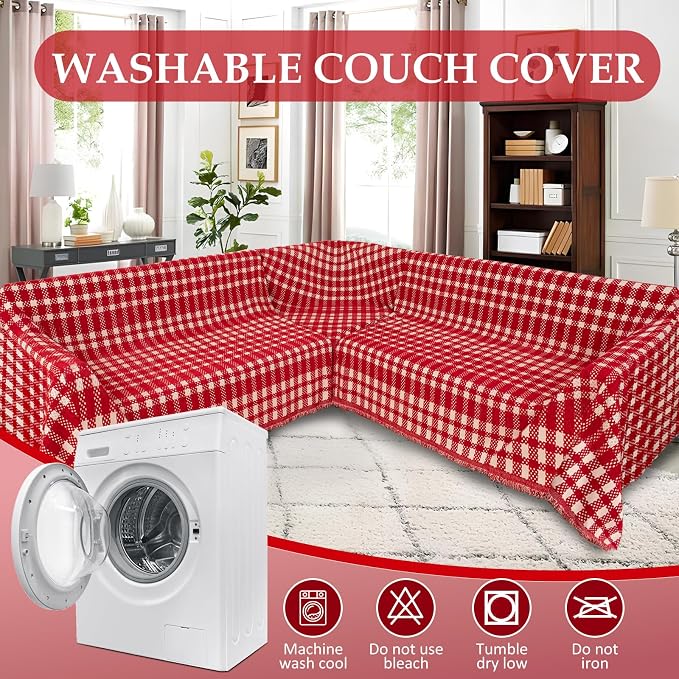 1OO% Waterproof Sectional Couch Covers for Dogs L Shaped Corner Sofa Cover Washable Chenille Sofa Slipcovers Blanket Modern Jacquard Pet Furniture Protector (91"x276", Red Checkered)
