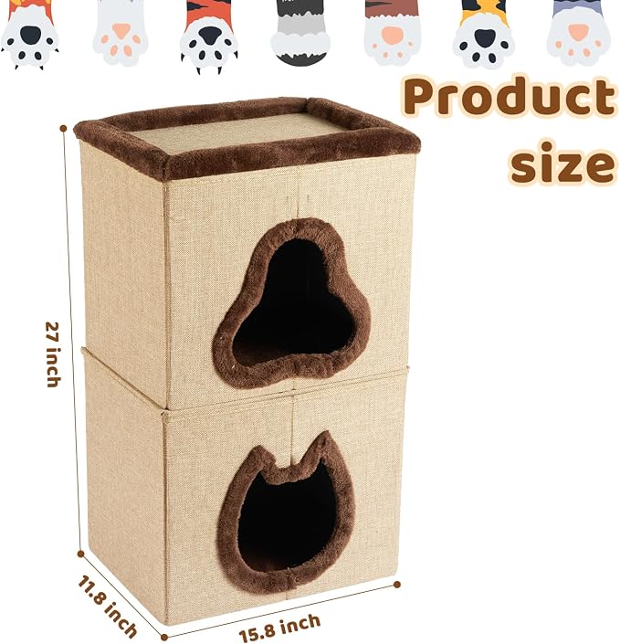 2-Tier Cat House for Indoor Cats Bed, Covered Cat Beds with Hideaway Cave and Scratch Pad, Foldable Modern Cat House for Multi Small Pet Large Kitten Kitty