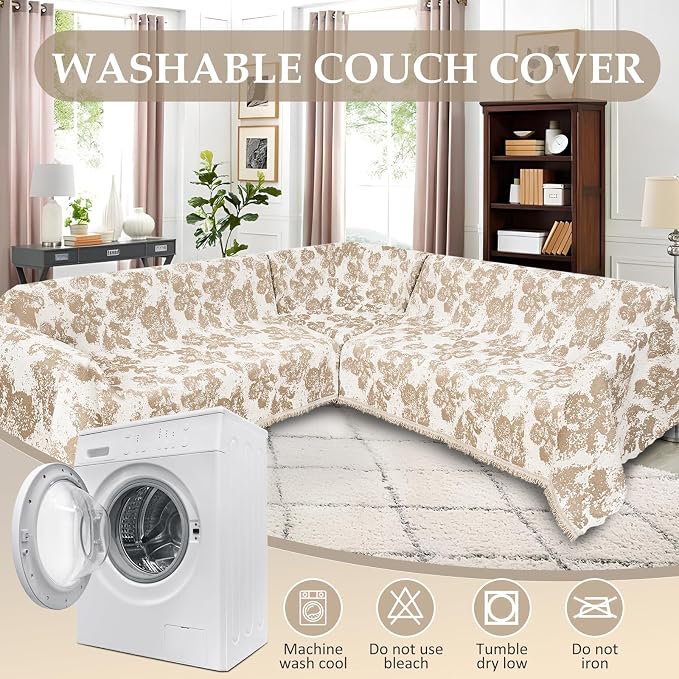 1OO% Waterproof Sectional Couch Covers for Dogs L Shaped Corner Sofa Cover Washable Chenille Sofa Slipcovers Blanket Modern Jacquard Pet Furniture Protector (91"x276", Khaki Flower Shadow)