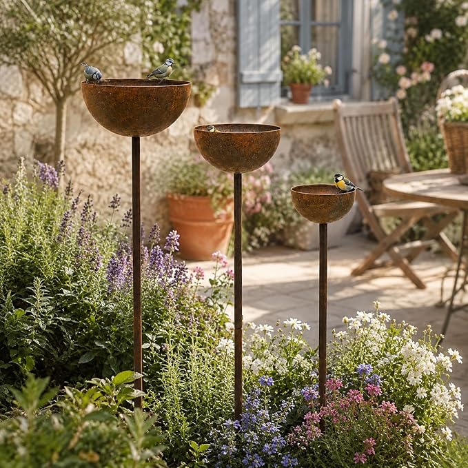3 Pack Rustic Metal Bird Bath Stake Set for Outdoors, Garden Bird Bath Bowls with Ground Stakes, Bird Feeder Rain Catcher Wildlife Water Station for Birds, Bees & Butterflies