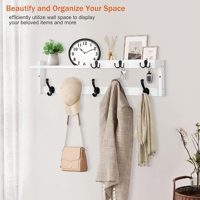 29'' Coat Rack Wall Mount with Shelf, Coat Hanger Wall Mount with Key Hooks and Mail Holder, Wood Entryway Floating Shelf with Hooks and Storage, Hat Rack for Wall Key Holder Mail Organizer