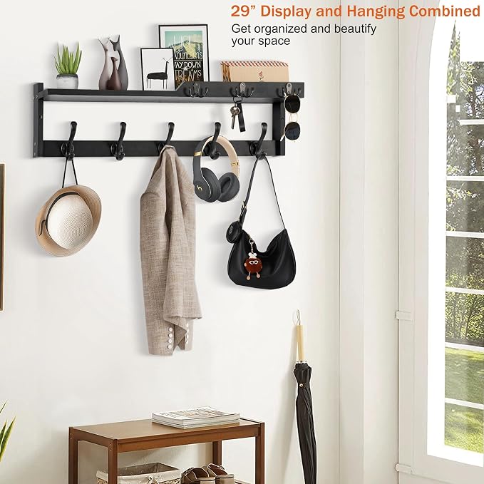 29'' Coat Rack Wall Mount with Shelf, Coat Hanger Wall Mount with Key Hooks and Mail Holder, Wood Entryway Floating Shelf with Hooks and Storage, Hat Rack for Wall Key Holder Mail Organizer