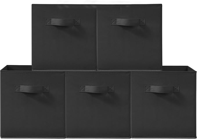 11 Inch Fabric Storage Cubes, Sturdy Foldable Storage Bins, Heavy Duty Cube Organizer for Clothes, Blankets, Shelves, Closets, Bedroom, Living Room, Black, 5 Pack