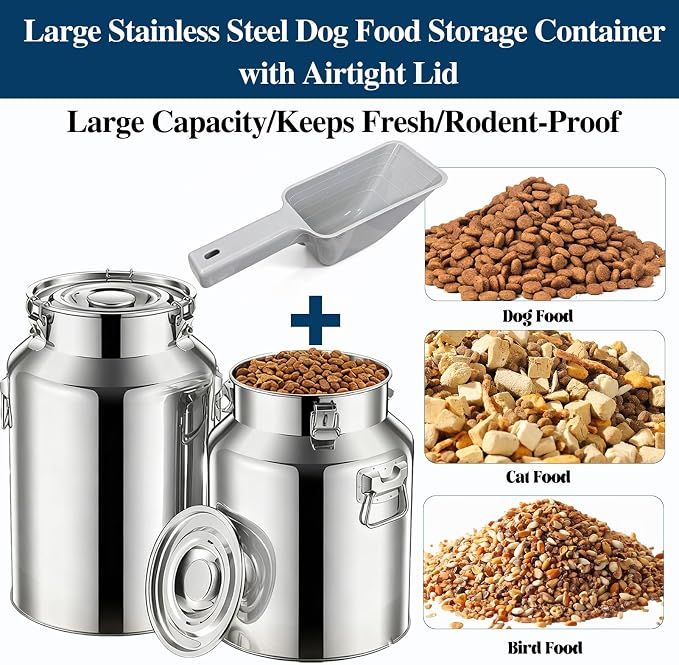 25 Lbs Stainless Steel Dog Food Storage Container with Scoop, Large Metal Dog Food Bin with Airtight Lid & Locking Clamp, Pet Food Container for Dogs & Cats, Keep Fresh, Easy to Clean