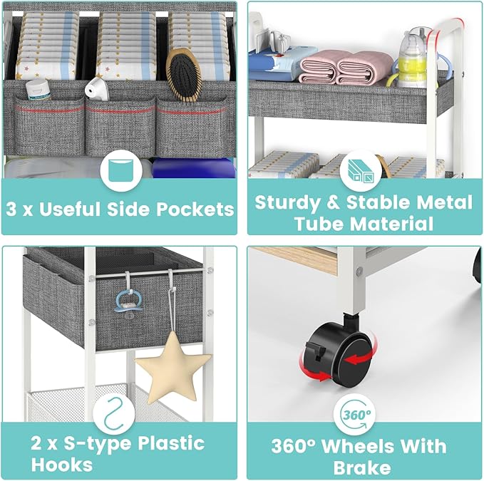 2In1 Baby Diaper Caddy & 3-Tier Rolling Diaper Cart, Diaper Caddy Organizer Cart with Dividers, Metal Detachable Bedside Cart for Baby Nursery Essentials, Large Capacity, Easy to Assemble, White