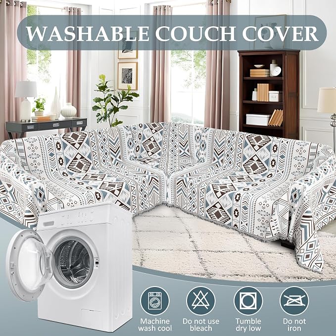 1OO% Waterproof Sectional Couch Covers for Dogs L Shaped Corner Sofa Cover Washable Chenille Sofa Slipcovers Blanket Modern Jacquard Pet Furniture Protector (91"x252", Boho Blue Brown)