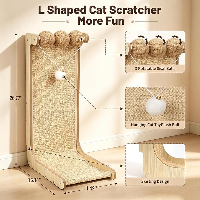 26.8 "Large Sisal Cat Scratcher with Sisal Ball and Bell Plush Toy | Wooden Cat Scratcher Pad, L-Shaped Scratching Post for Indoor Cats Adults, Vertical Cat Scratcher Board to Protect Furniture