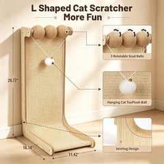 26.8 "Large Sisal Cat Scratcher with Sisal Ball and Bell Plush Toy | Wooden Cat Scratcher Pad, L-Shaped Scratching Post for Indoor Cats Adults, Vertical Cat Scratcher Board to Protect Furniture