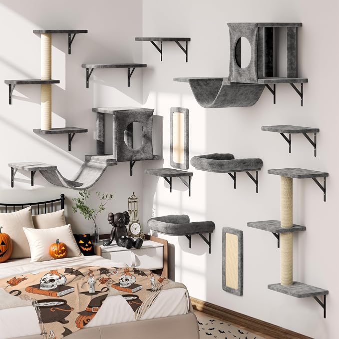 12-in-1 Cat Wall Shelves, Luxury Wall-Mounted Cat Climber Set | with Condos House, Scratching Post, Bridge Ladder, Indoor Space-Saving Furniture for Kittens, Dark Gray