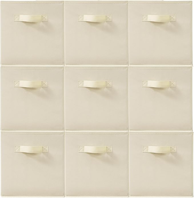 11 Inch Fabric Storage Cubes, Sturdy Foldable Storage Bins, Heavy Duty Cube Organizer for Clothes, Blankets, Shelves, Closets, Bedroom, Living Room, Beige, 9 Pack