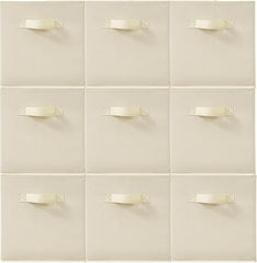 11 Inch Fabric Storage Cubes, Sturdy Foldable Storage Bins, Heavy Duty Cube Organizer for Clothes, Blankets, Shelves, Closets, Bedroom, Living Room, Beige, 9 Pack