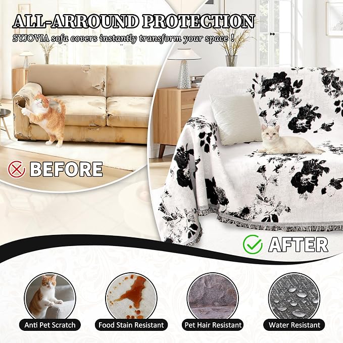 1OO% Waterproof Sectional Couch Covers for Dogs L Shaped Corner Sofa Cover Washable Chenille Sofa Slipcovers Blanket Modern Jacquard Pet Furniture Protector (91"x276", Black Flower)