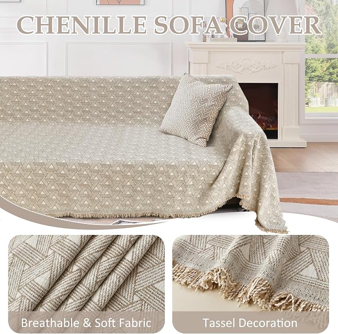 1OO% Waterproof Sectional Couch Covers for Dogs L Shaped Corner Sofa Cover Washable Chenille Sofa Slipcovers Blanket Modern Jacquard Pet Furniture Protector (91"x252", Khaki Weaving Triangle)