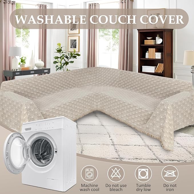 1OO% Waterproof Sectional Couch Covers for Dogs L Shaped Corner Sofa Cover Washable Chenille Sofa Slipcovers Blanket Modern Jacquard Pet Furniture Protector (91"x252", Khaki Weaving Triangle)