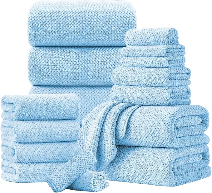 18 Piece Microfiber Bath Towels Set - 6 Bath Sheets,6 Hand Towels And 6 Washcloths,Soft Family Towels,Highly Absorbent Bathroom Towel,Quick Dry Shower Towel Luxury Towels For Hotel Spa Dorm-Blue