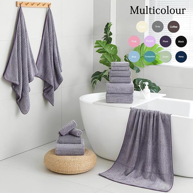 18 Piece Bath Towels Set,100% Microfiber Family Bathroom Towel with Hanging Loops-6 Bath Towels,6 Hand Towels,6 Washcloths,Quick Dry Highly Absorbent Shower Towel for Bathroom,Hotel,Spa-Dark Purple