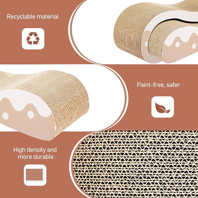 2 in 1 Cat Scratcher for Indoor Cats, Large Cardboard Cat Scratcher Lounger, 100% Recyclable&Reversible Horizontal Scratching Pads Prevents Furniture Damage,Wave