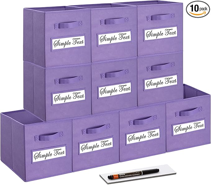 11 Inch Storage Cube,Storage bin,cube storage (Set of 10) Foldable Fabric Cube Storage Bins with 10 Labels Window Cards & a Pen,Baskets Containers for Shelves,Closet Organizers Box,Purple
