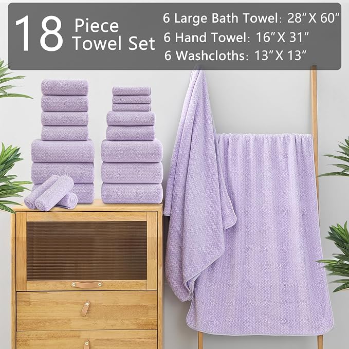 18 Piece Bath Towels Set,100% Microfiber Family Bathroom Towel with Hanging Loops-6 Bath Towels,6 Hand Towels,6 Washcloths,Quick Dry Highly Absorbent Shower Towel for Bathroom,Hotel,Spa-Light Purple