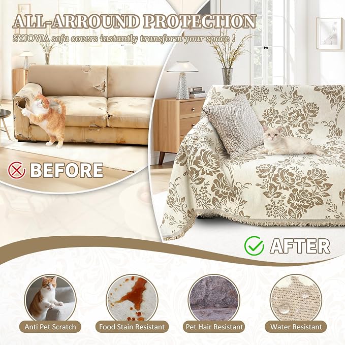 1OO% Waterproof Sectional Couch Covers for Dogs L Shaped Corner Sofa Cover Washable Chenille Sofa Slipcovers Blanket Modern Jacquard Pet Furniture Protector (91"x252", Khaki & Ivory White)