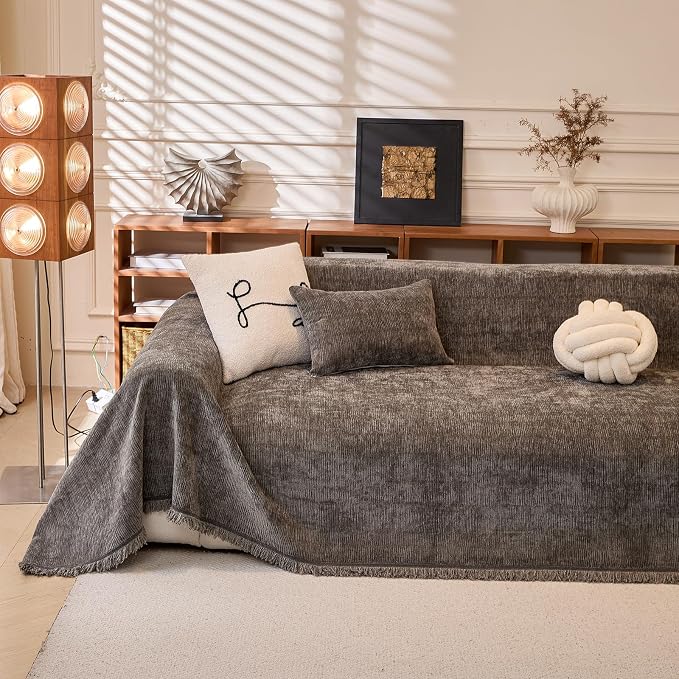 1-Piece Dark Grey Sofa Cover Heavy Thick Chenille Couch Covers | X-Large Non Slip Washable Slipcover for Sectional Sofa, Pet Friendly Furniture Protector for Pet Dogs Cats Scratch, 71"x134"