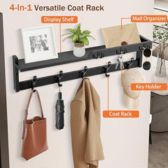 29'' Coat Rack Wall Mount with Shelf, Coat Hanger Wall Mount with Key Hooks and Mail Holder, Wood Entryway Floating Shelf with Hooks and Storage, Hat Rack for Wall Key Holder Mail Organizer