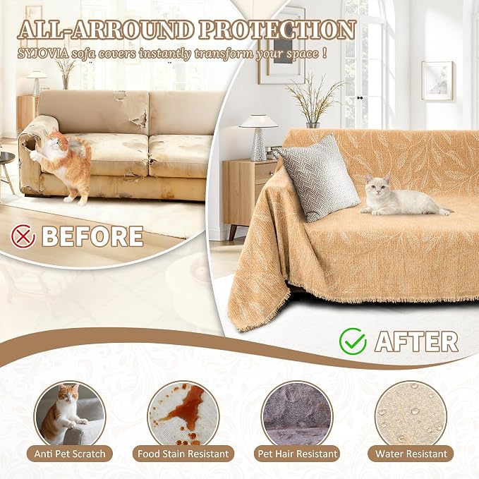 1OO% Waterproof Sectional Couch Covers for Dogs L Shaped Corner Sofa Cover Washable Chenille Sofa Slipcovers Blanket Modern Jacquard Pet Furniture Protector (91"x252", Light Tan)
