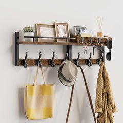 29 inch Coat Rack Wall Mount with Shelf, Entryway Wall Shelf with Hooks, Heavy Duty Coat Hanger Wall Mount with Key Holders and Mail Organizer for Living Room, Bedroom, Black & Brown