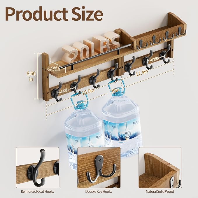 29 inch Coat Rack Wall Mount with Shelf, Entryway Wall Shelf with Hooks, Heavy Duty Coat Hanger Wall Mount with Key Holders and Mail Organizer for Living Room, Bedroom, Brown
