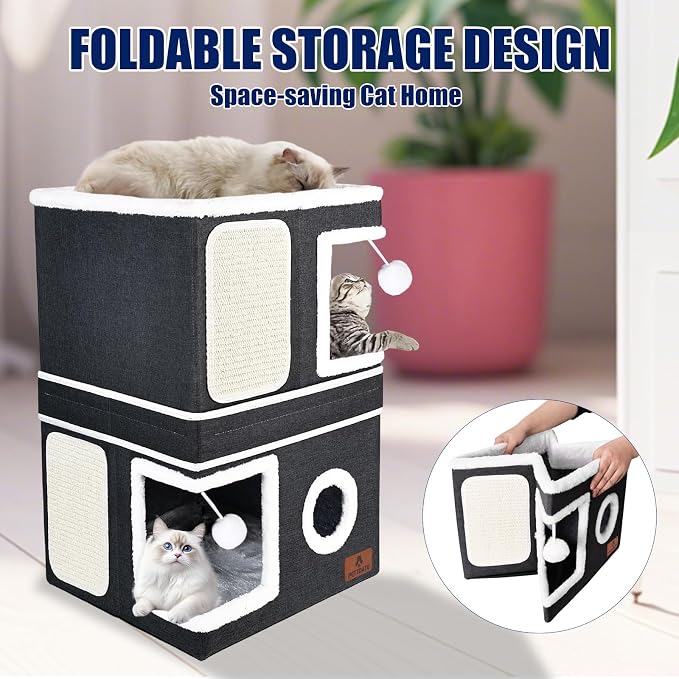 2-Story Cat House for Indoor Cats, Dual-Purpose Cat Cave Bed with Scratch Pad and Fluffy Ball, Foldable Cat Hideaway, Cute Cat Condo Furniture for Multi Small Pet Kitten, Dark Grey