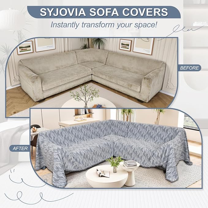 1OO% Waterproof Sectional Couch Covers for Dogs L Shaped Corner Sofa Cover Washable Chenille Sofa Slipcovers Blanket Modern Jacquard Pet Furniture Protector (91"x252", Navy Wave)