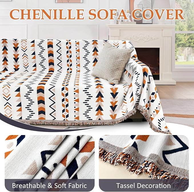 1OO% Waterproof Sectional Couch Covers for Dogs L Shaped Corner Sofa Cover Washable Chenille Sofa Slipcovers Blanket Modern Jacquard Pet Furniture Protector (91"x276", Boho Blue Orange)