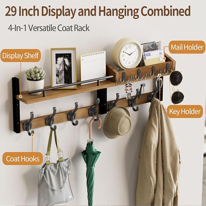 29 inch Coat Rack Wall Mount with Shelf, Entryway Wall Shelf with Hooks, Heavy Duty Coat Hanger Wall Mount with Key Holders and Mail Organizer for Living Room, Bedroom, Wooden Brown & Black