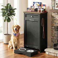 21''W Dog Feeding Station with Storage, Tilt Out Dog Food Cabinet with Drawer, 2 Feeding Bowls, Pet Food Storage, Cat Feeding Station, Dogs Storage Organizer, (Black, Single Door)